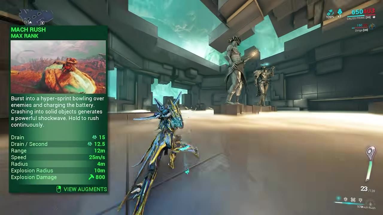 In-game view of Gauss utilizing the Mach Rush ability with effects visible and ability description displayed.