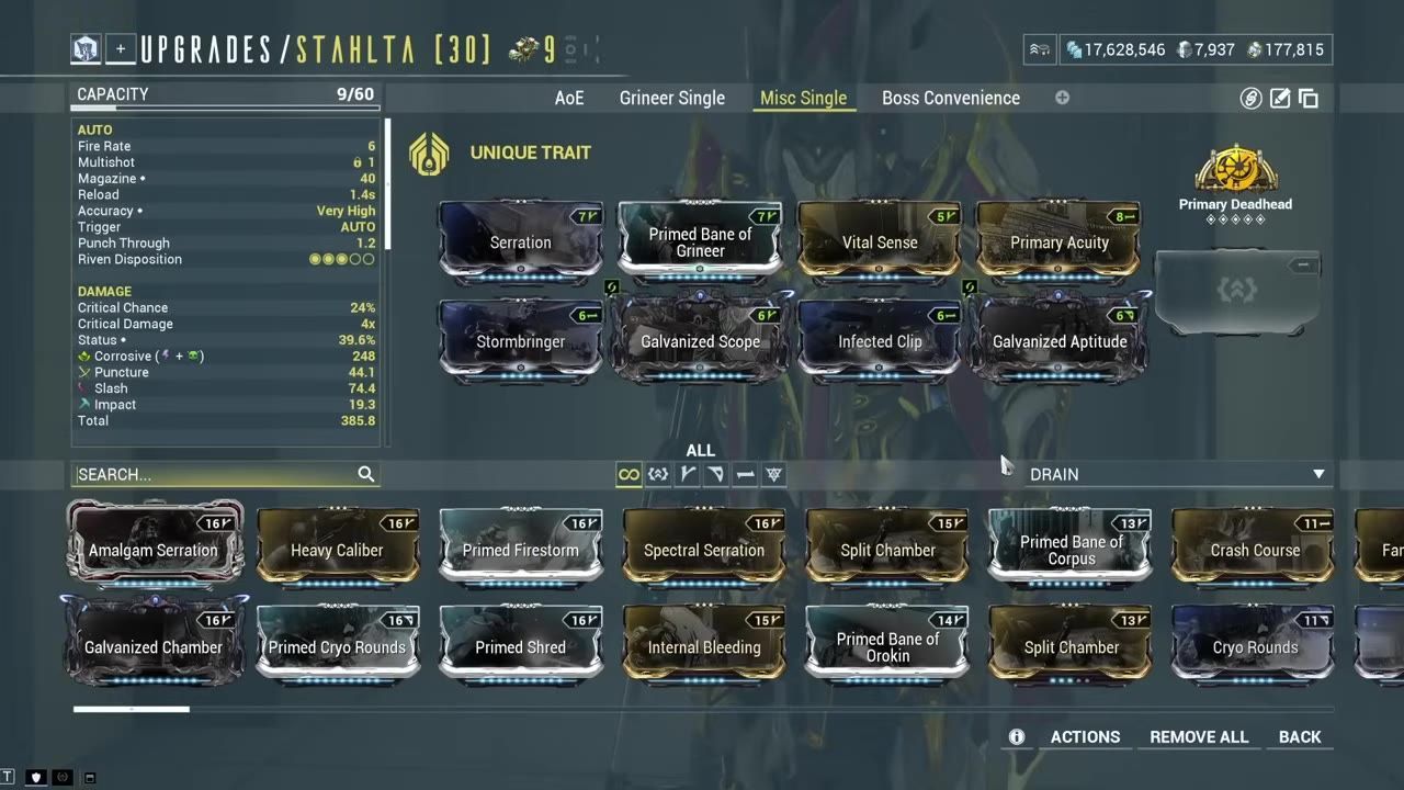 The build screen of the Stahlta weapon showing mods equipped.
