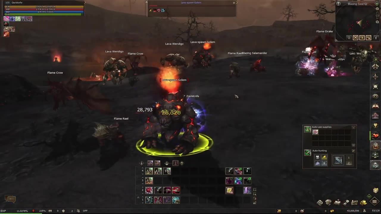 A game character, presumably Othell Ghost Hunter, fighting a Lava-spawn Golem amidst other enemies in a dark fiery landscape.