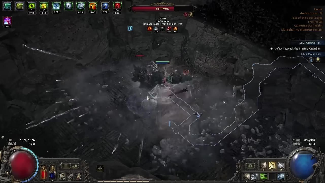 The player engages an enemy in Path of Exile 2 with visible ability effects and game interface elements.