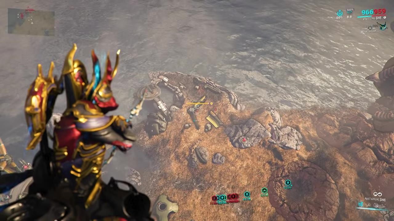 A player character aiming at an enemy on a rocky terrain near water.