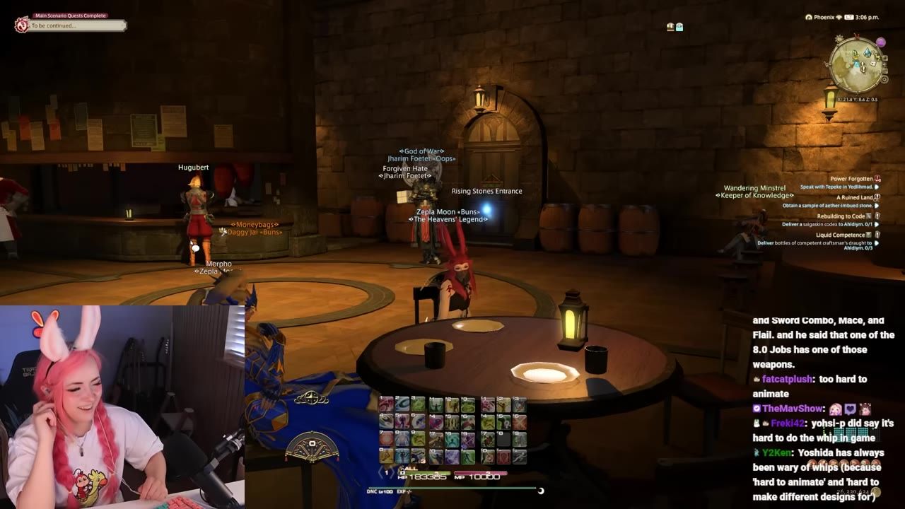 An FFXIV character stands in a tavern-like interior with the quest tracker and minimap visible, while a webcam overlay and chat appear on the left and right sides.