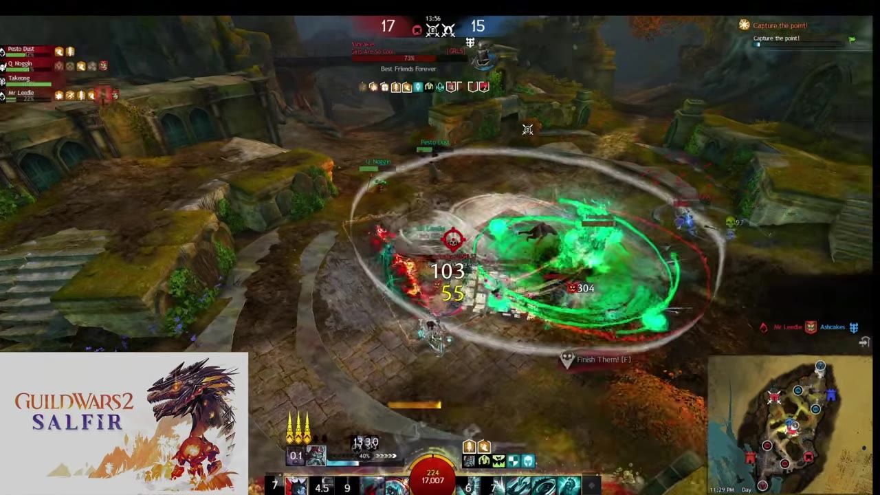 Gameplay screen showing a player character using skills and combat indicators against opponents in a Guild Wars 2 environment.