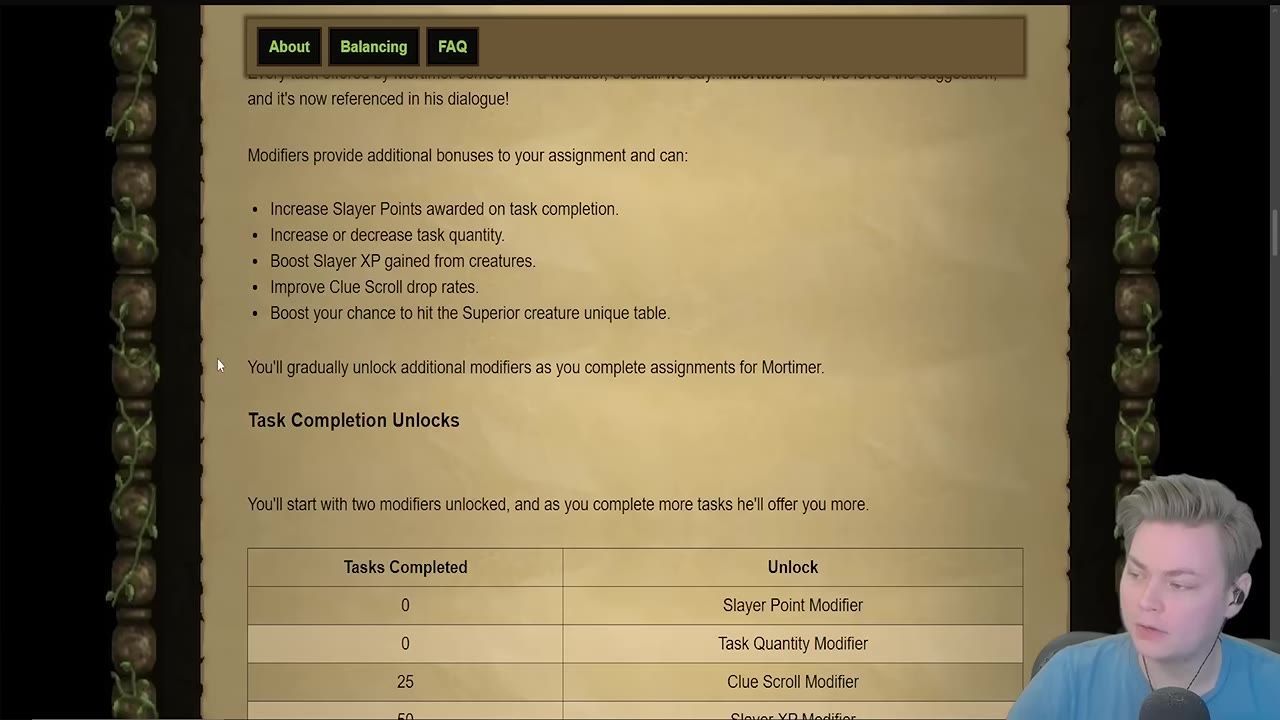 A user interface showing a list of progression modifiers and a table of task completion unlocks, partially covered by a webcam.