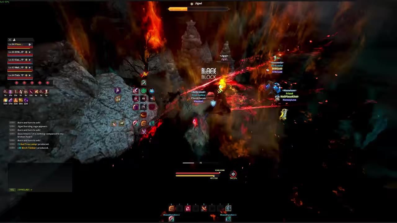 Gameplay showing a team fighting a boss in the Black Shrine area.