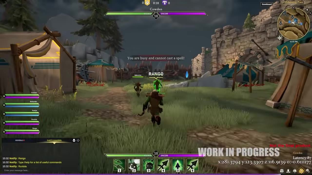 Gameplay image showing multiple characters in a medieval camp setting with informational UI elements on-screen.