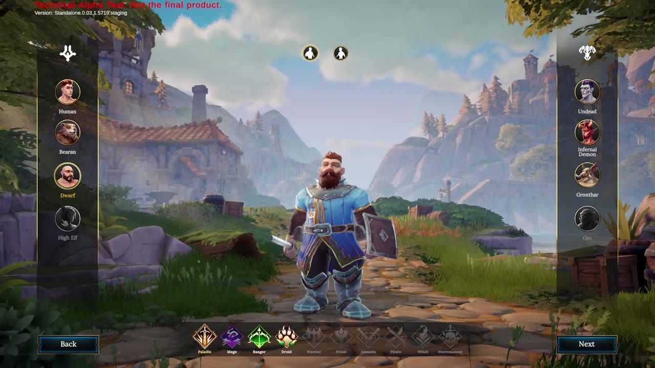 A game screen showing character and race selection interface divided by factions: Sacred Order and Domination.