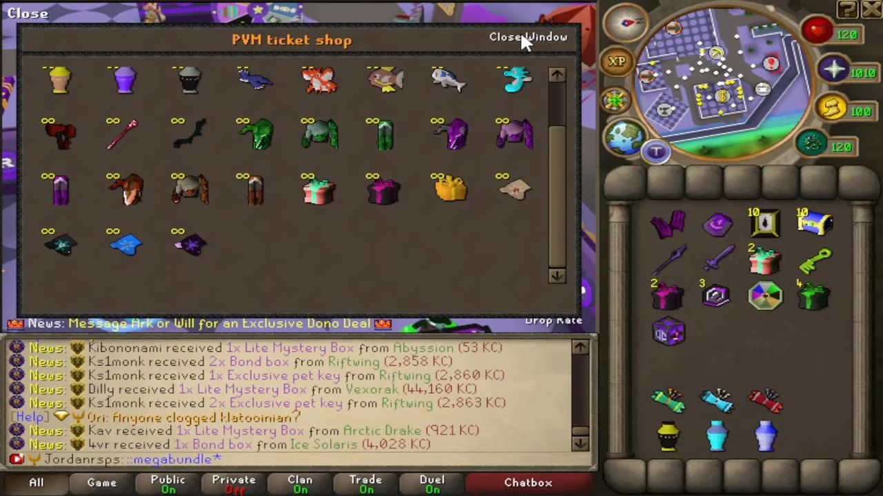 The PVM ticket shop interface showing numerous items available for purchase.