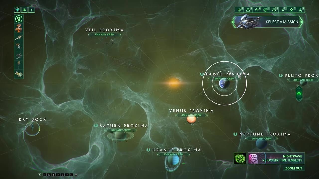 The Railjack navigation panel showing mission areas such as Earth Proxima, Saturn Proxima, and Veil Proxima.