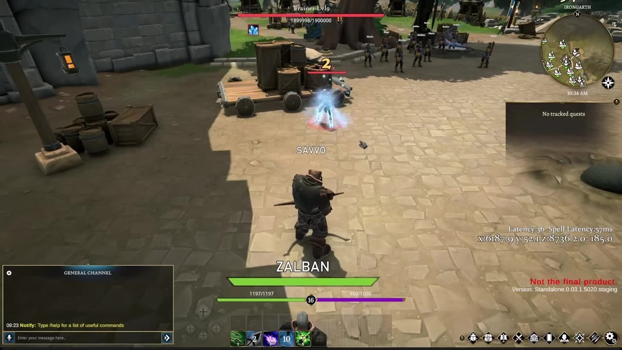 A game character using a bow and arrow with glowing effects, targeting a frozen enemy in a courtyard.