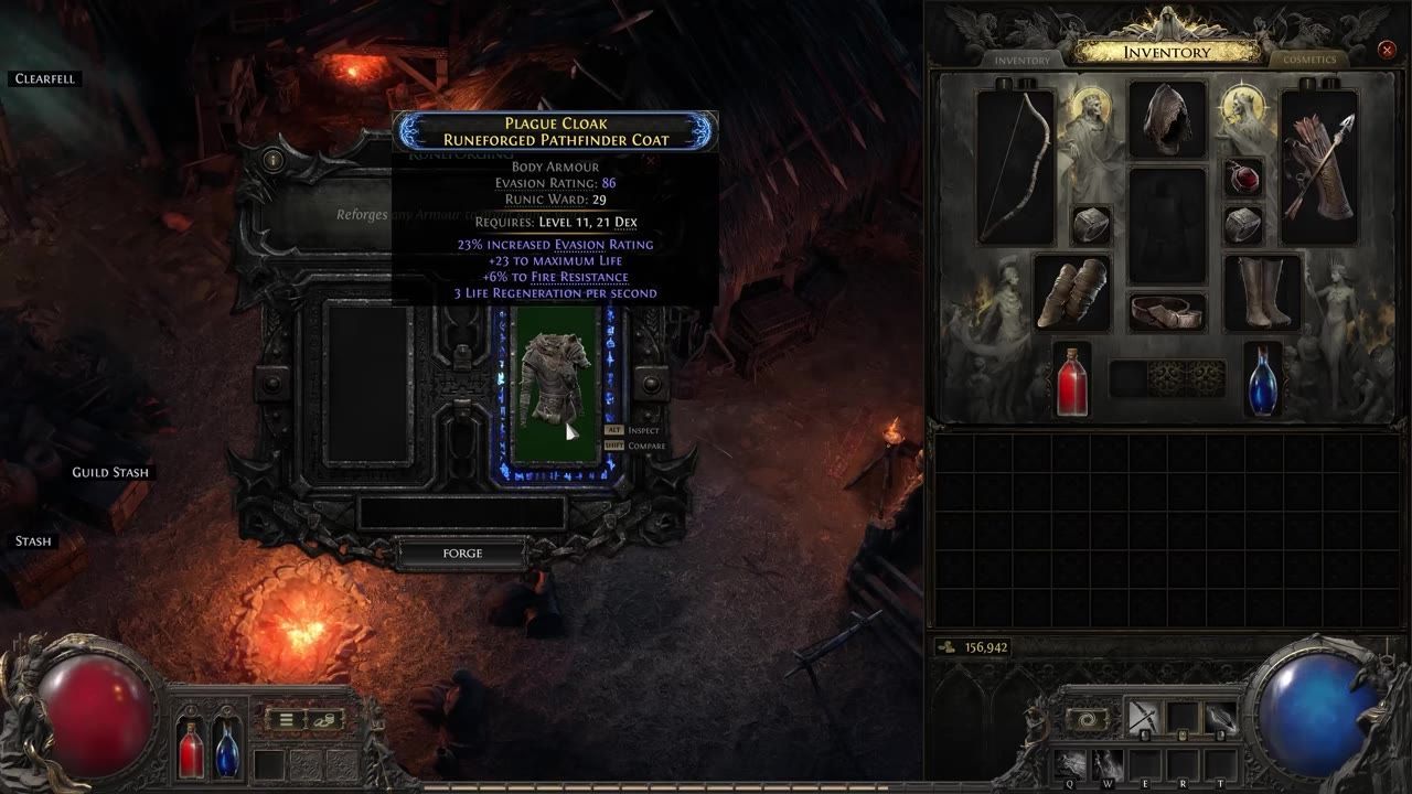 Game screen showing armor with Runic Ward statistics in inventory.