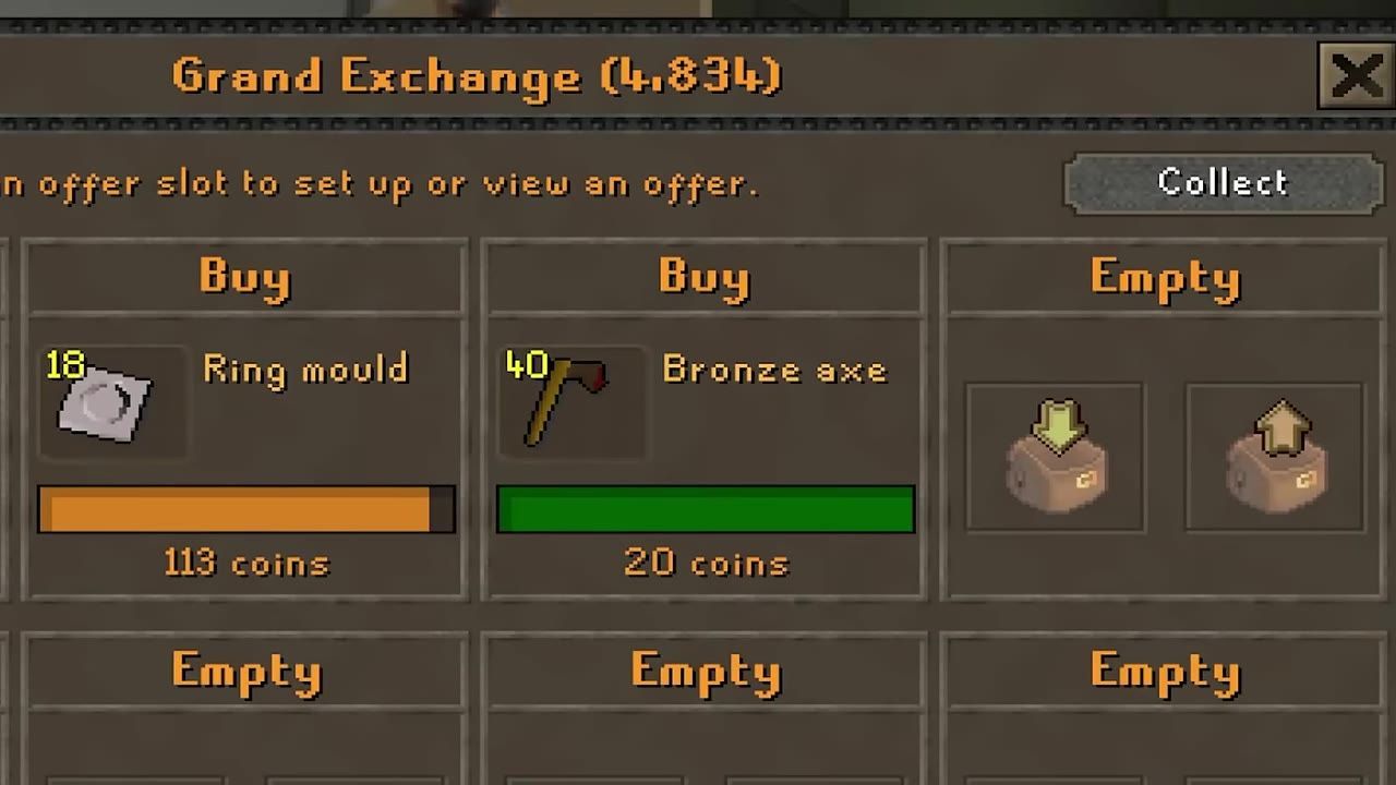 Grand Exchange interface showing items being bought and sold, including Bronze axe with price 20 coins.