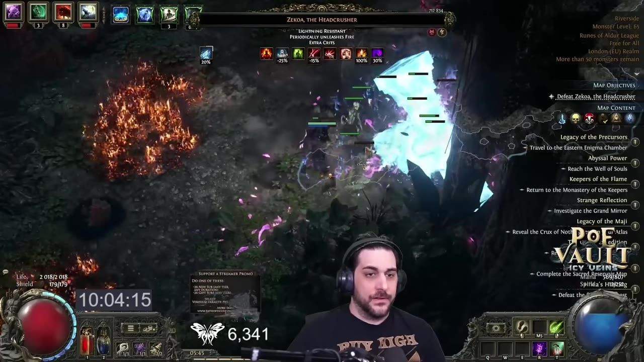 A gameplay screen showing modifiers like 'Extra Crits' for an enemy, along with game spells and HUD.