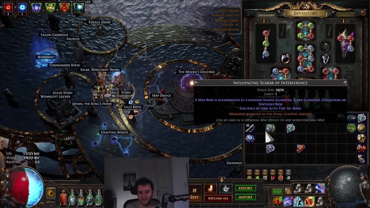 Gameplay screen showing inventory with selected scarabs and map device area.