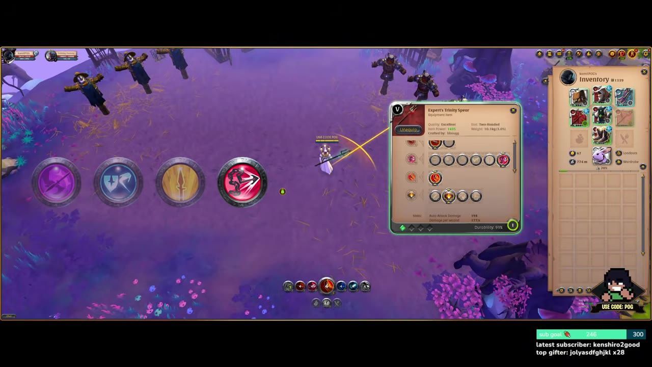 Character screen showing W skill options for the Trinity Spear in a game interface.