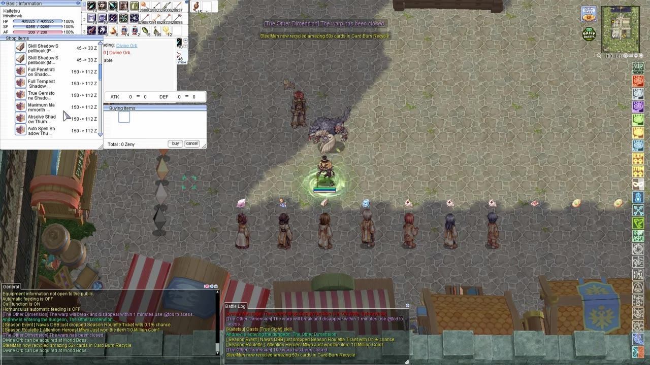 In-game interface showing the shadow equipment shop and available items.