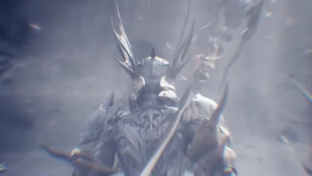 A character in ornate armor amidst a dramatic setting of light and shadow.
