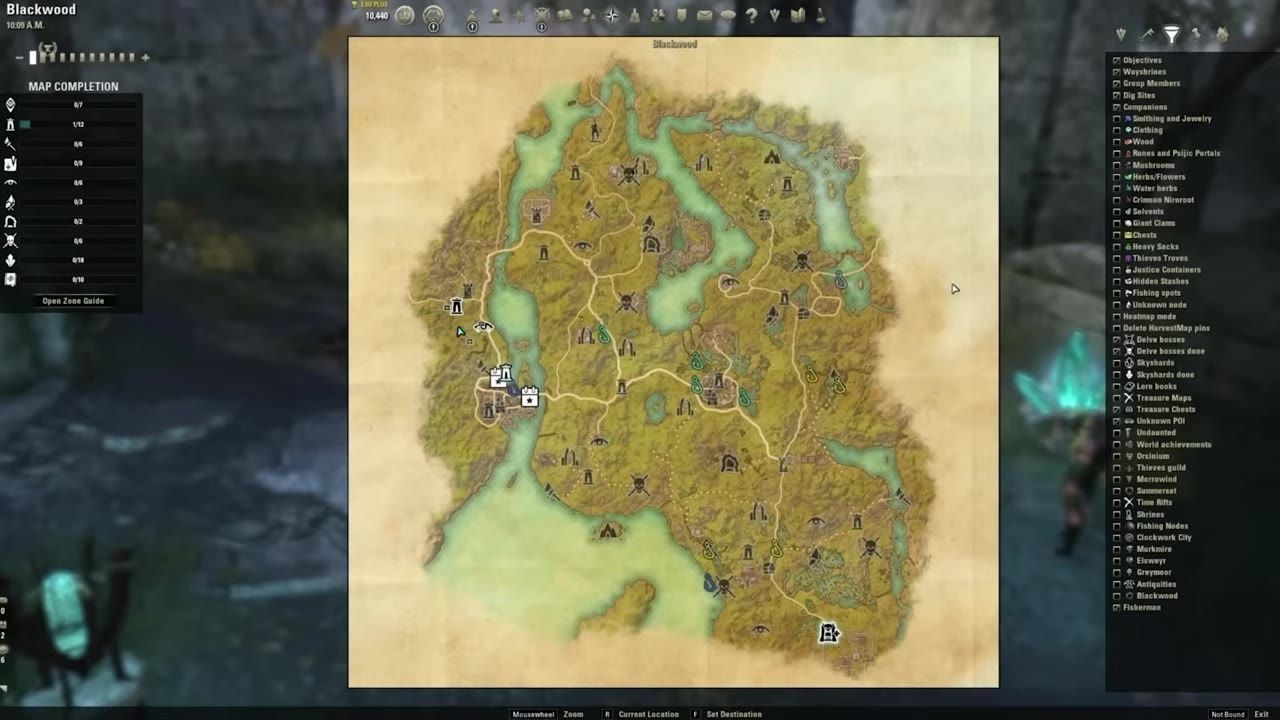 An in-game map of the Blackwood area displaying various locations and icons including Skyshard symbols.