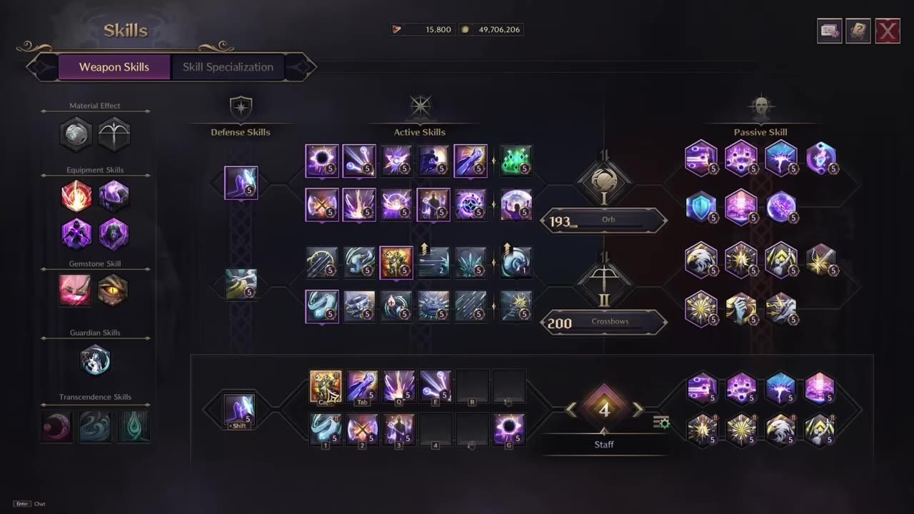 Gaming interface showing skill specializations and active skill arrangement.