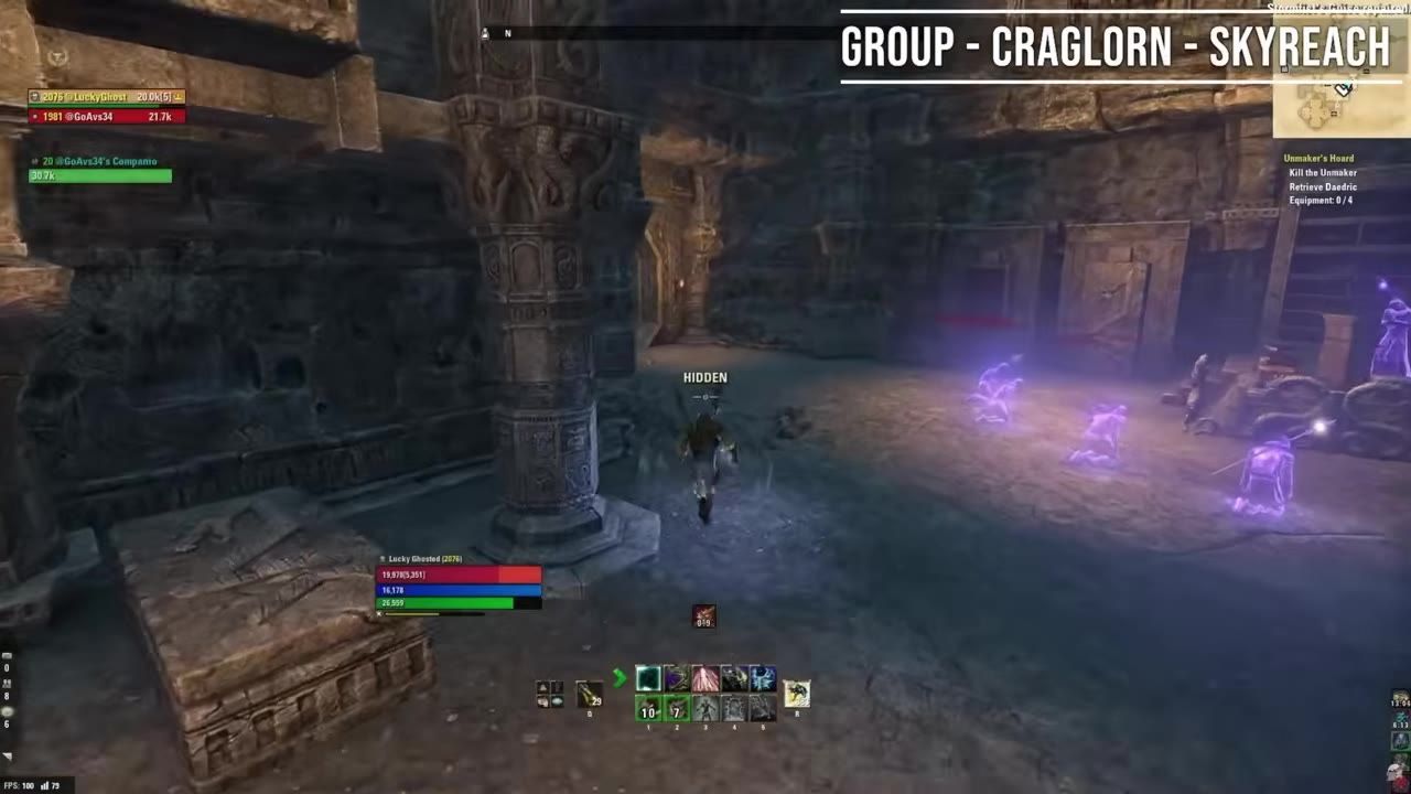 An RPG gameplay showing a player character in an ancient catacomb structure with glowing mobs.