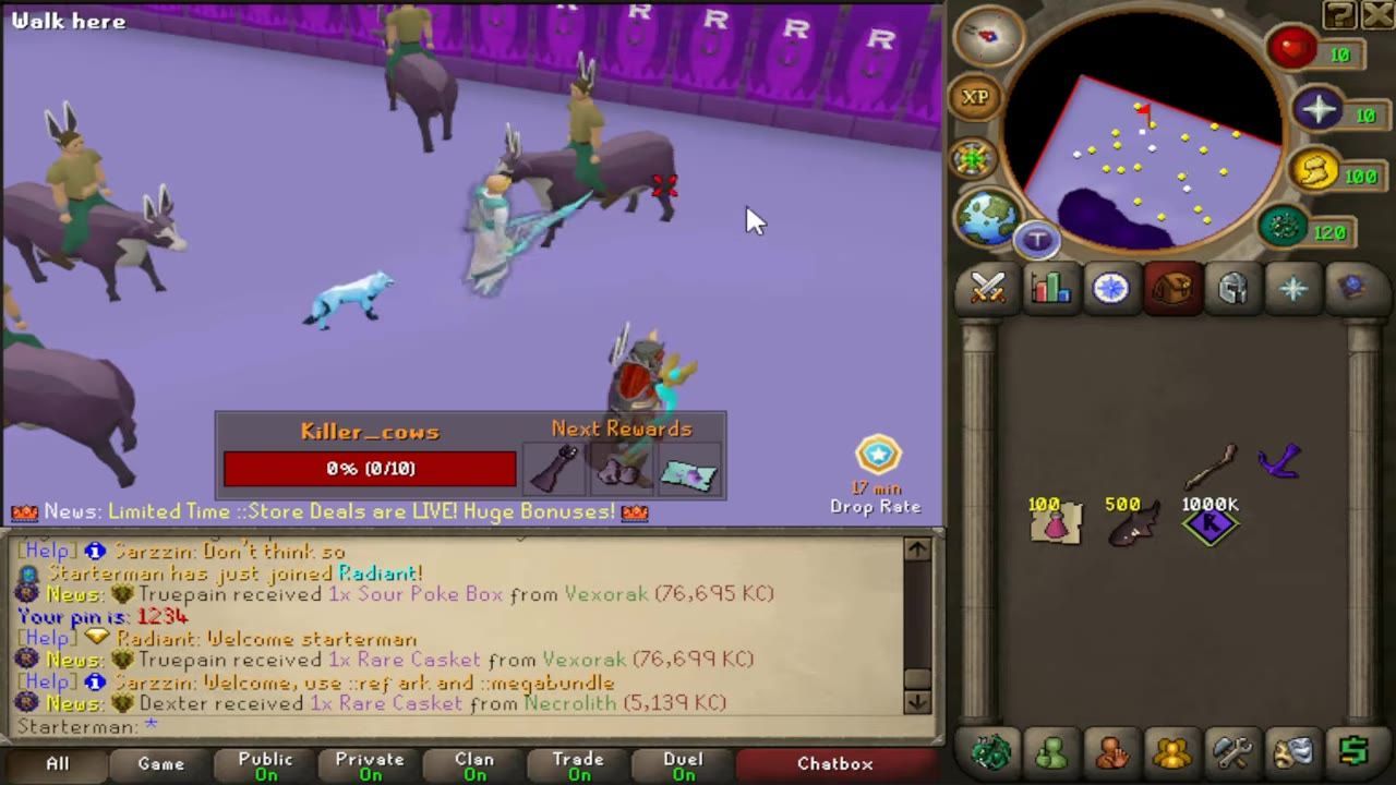 Gameplay showing a player fighting Killer Cows in a starter zone with a visible health bar and interface.