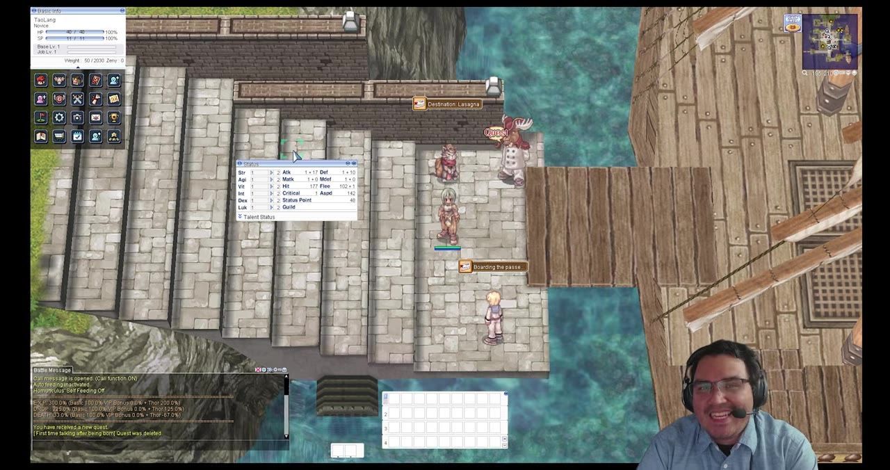 Game screenshot showing a character in a town with the stat allocation menu open.