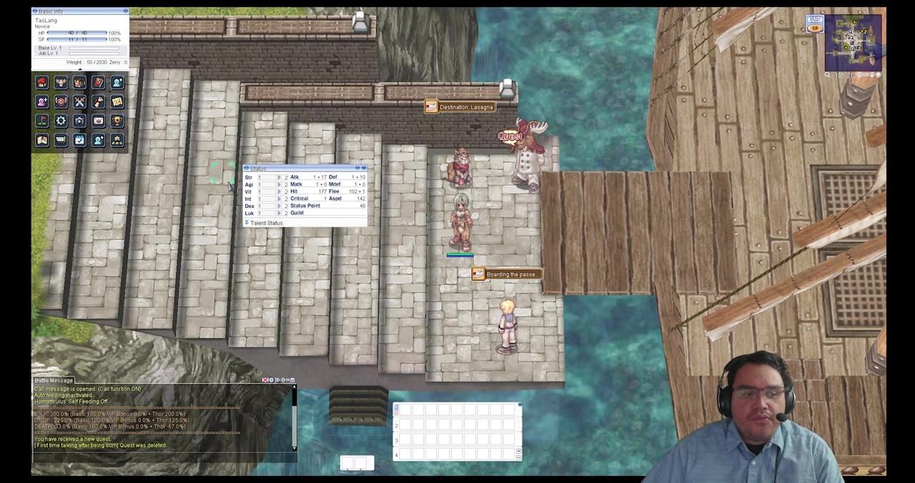 A character standing in a game environment with an open status interface showing stats.