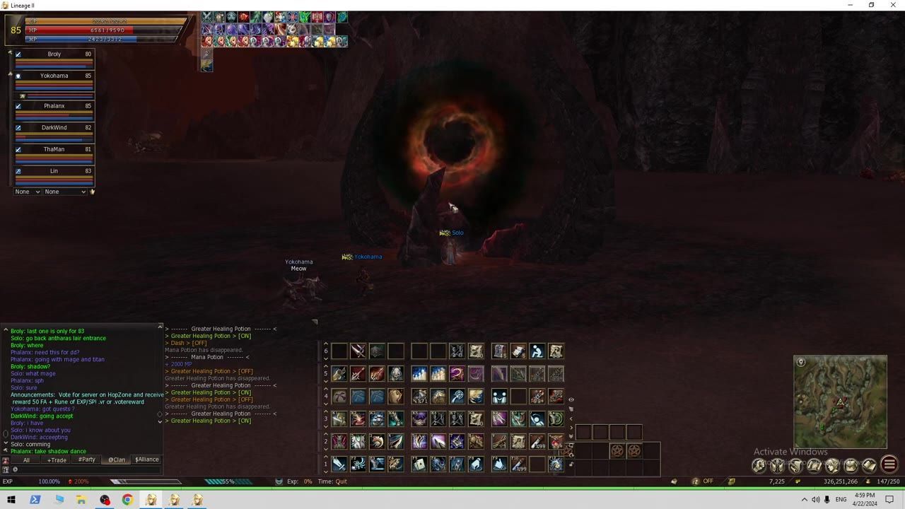 A dark scene in Dragon Valley showing a glowing summoning portal surrounded by players.
