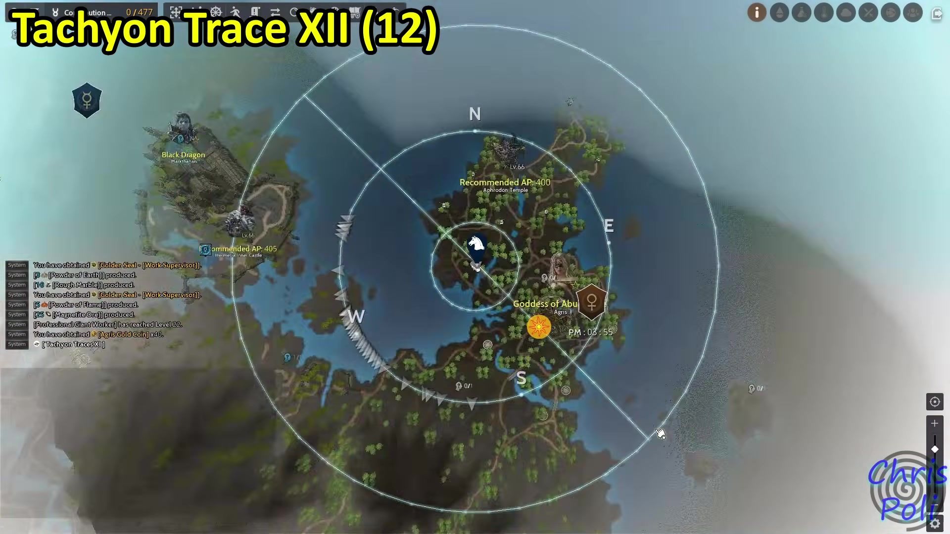 Black Desert world map at Tachyon Trace 12, with the player marker on the Ishtaria Fields shore and Aphrodon Temple, Hermesia Inner Castle and the Goddess of Abundance nearby.