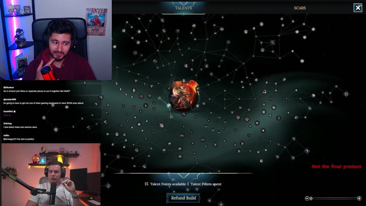 A talent tree menu with nodes connecting skills and a central character image.