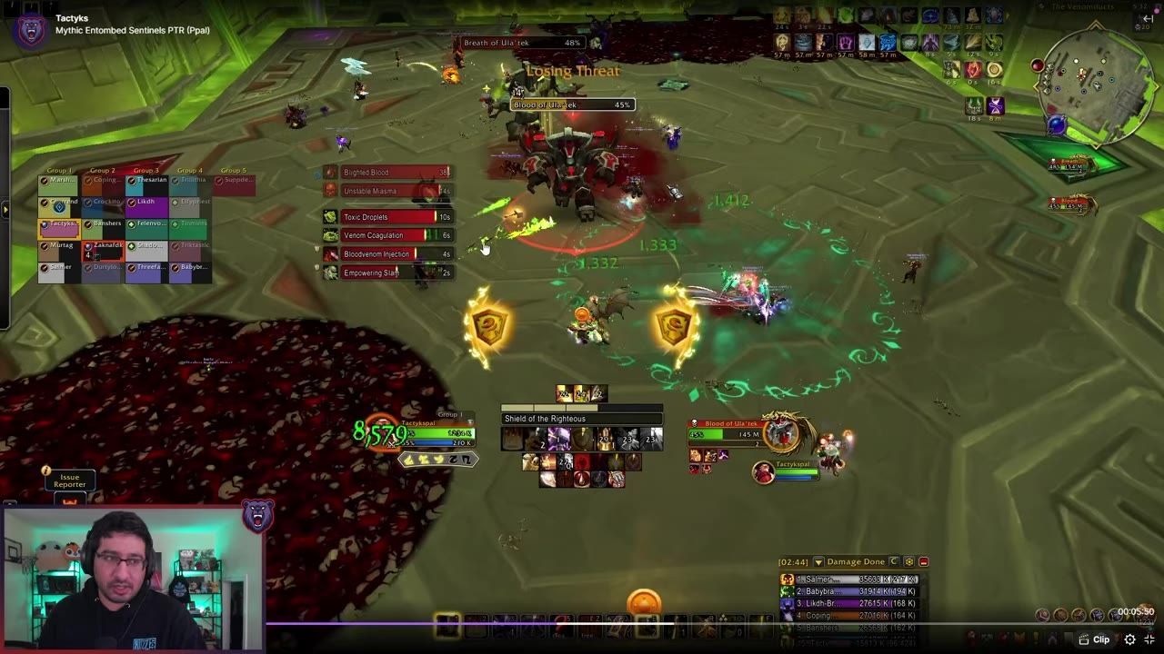 Gameplay scene showing a fight against three bosses with visible mechanics and abilities.