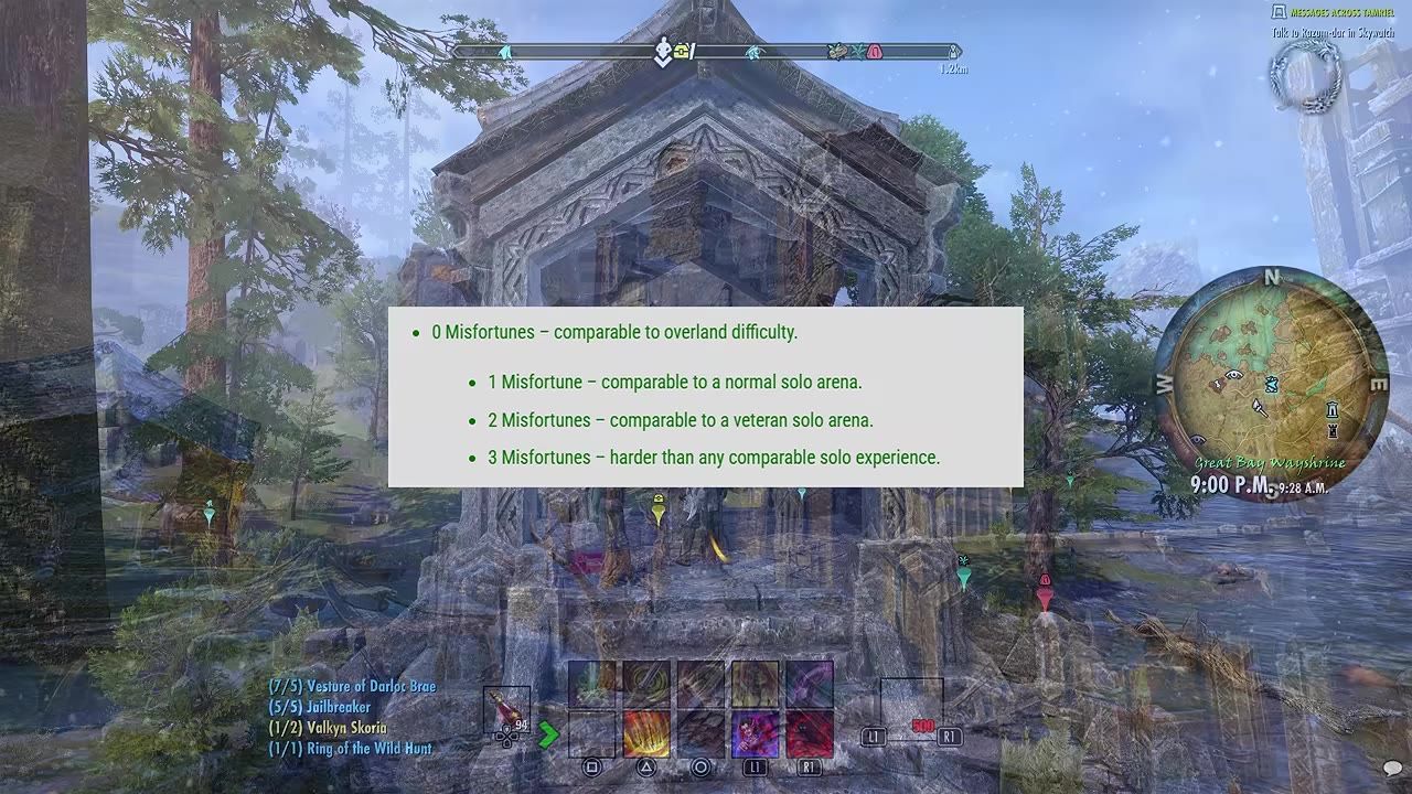 A game world view is overlaid with a centered text box listing Misfortune levels from 0 to 3 and their difficulty descriptions.
