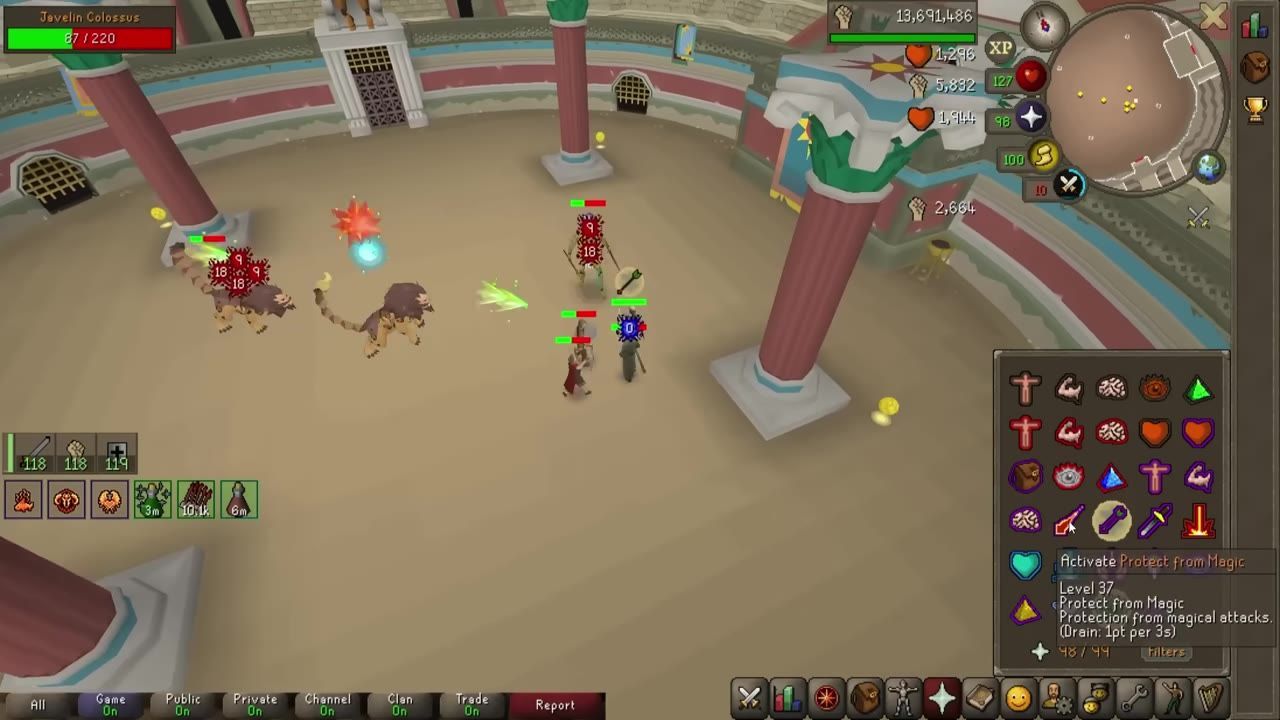 Combat scene showing a player surrounded by Thorns effects with damage indicators in an arena.