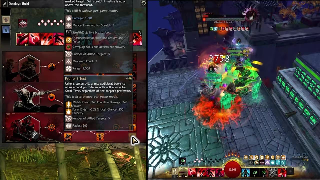 Gameplay screen showing Deadeye traits and a battle sequence.