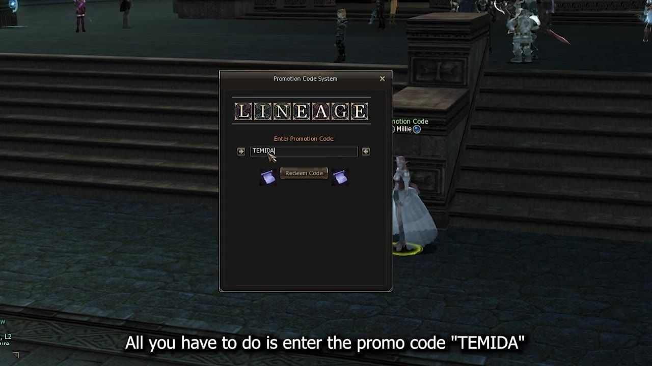 A game interface from Lineage 2 showing a promotion code system dialog with the promo code 'TEMIDA', an NPC named Millie nearby, and stairs in the background.