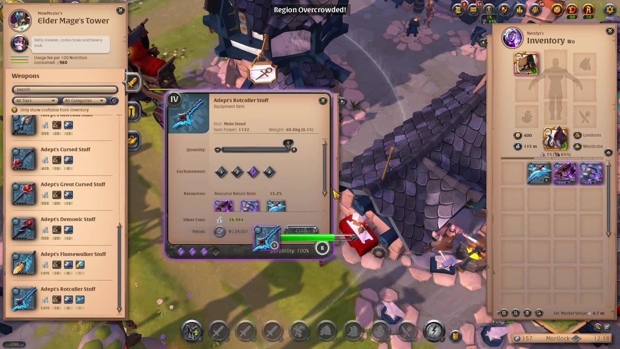 Crafting interface showing materials, return rate percentage, and item details in a game.