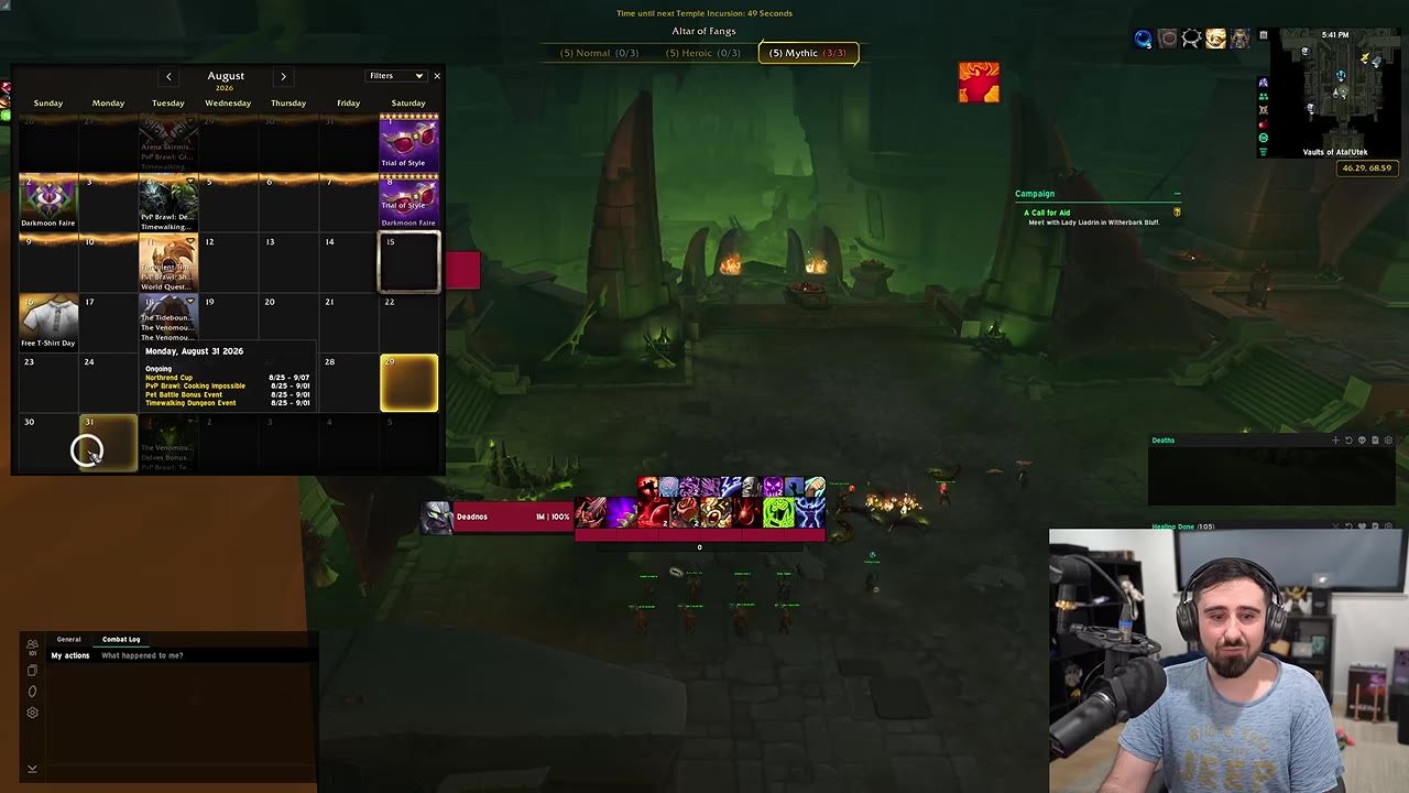 A World of Warcraft raid scene is shown with a raid progress bar at the top, a raid boss health frame in the center, a dungeon or raid calendar overlay on the left, and a webcam overlay in the lower right.