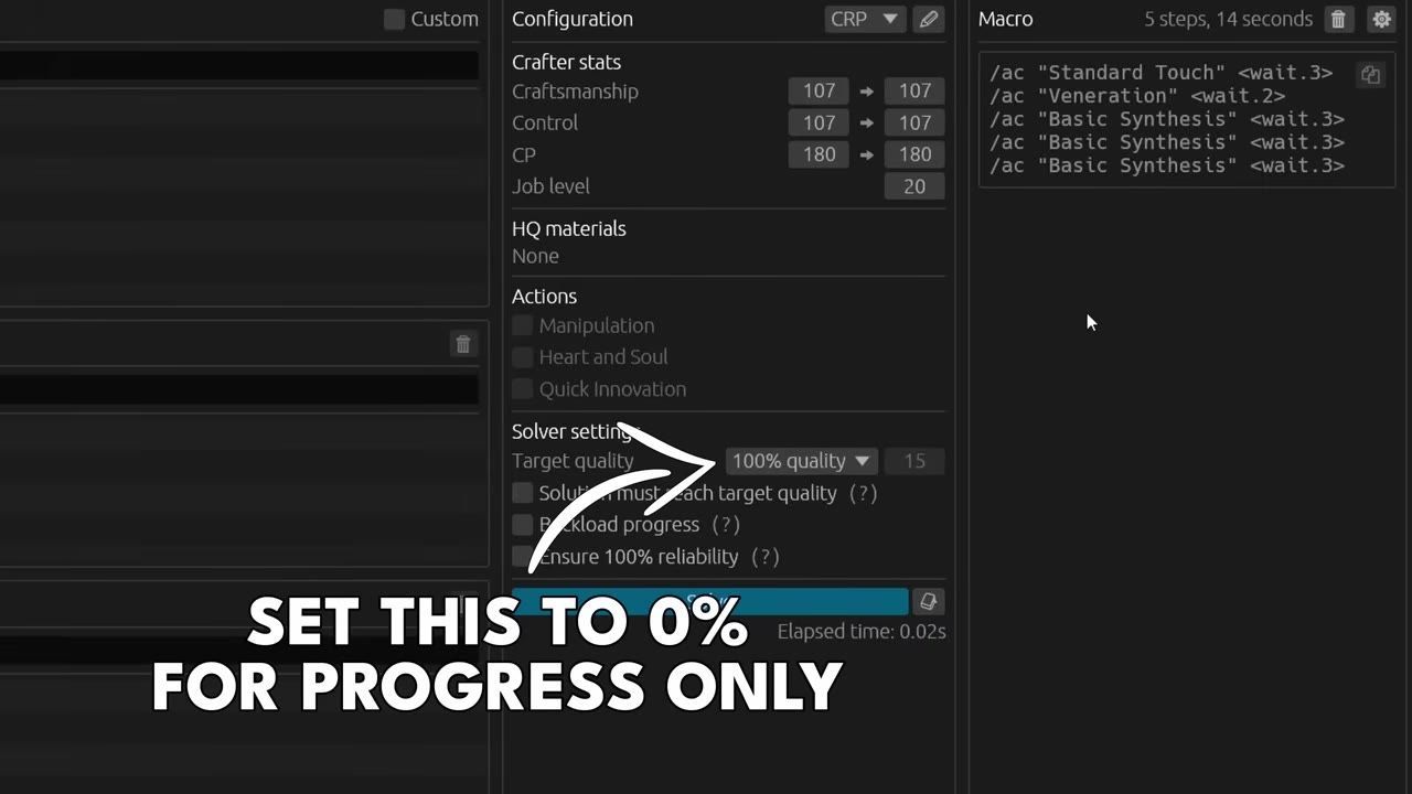 A crafting macro setup screen in FFXIV showing actions and solver settings with an overlay message.