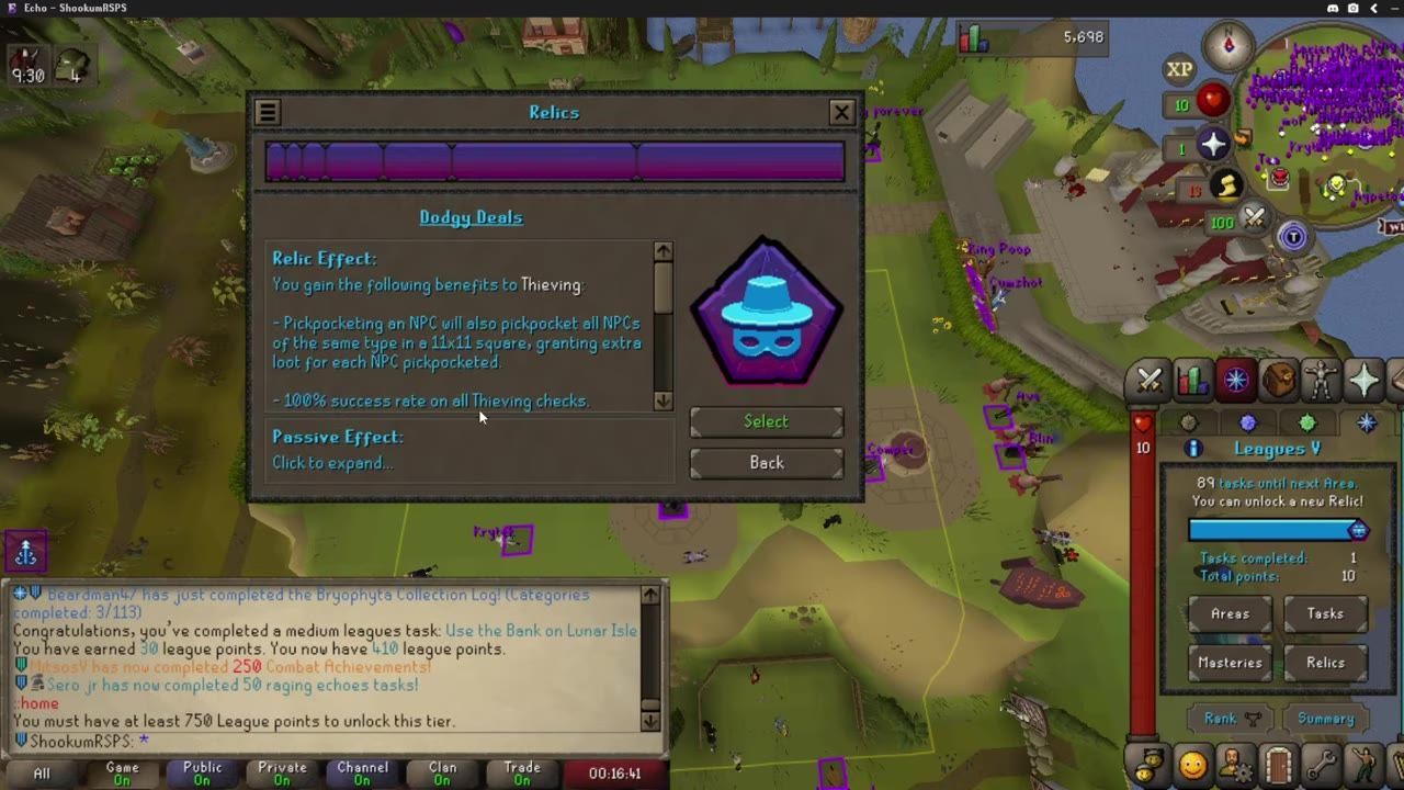 The Dodgy Deals relic screen in Runescape, explaining its benefits.