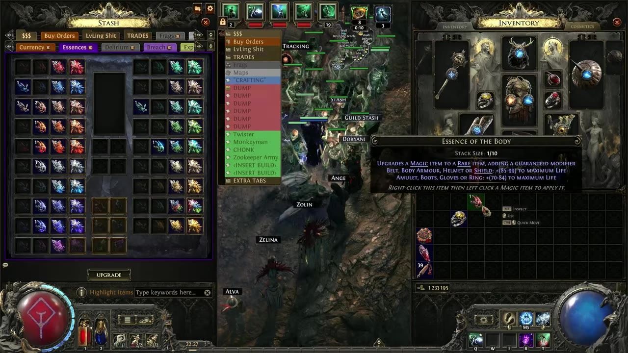 A game interface showing an inventory with an 'Essence of the Body' description highlighting its properties and usage.