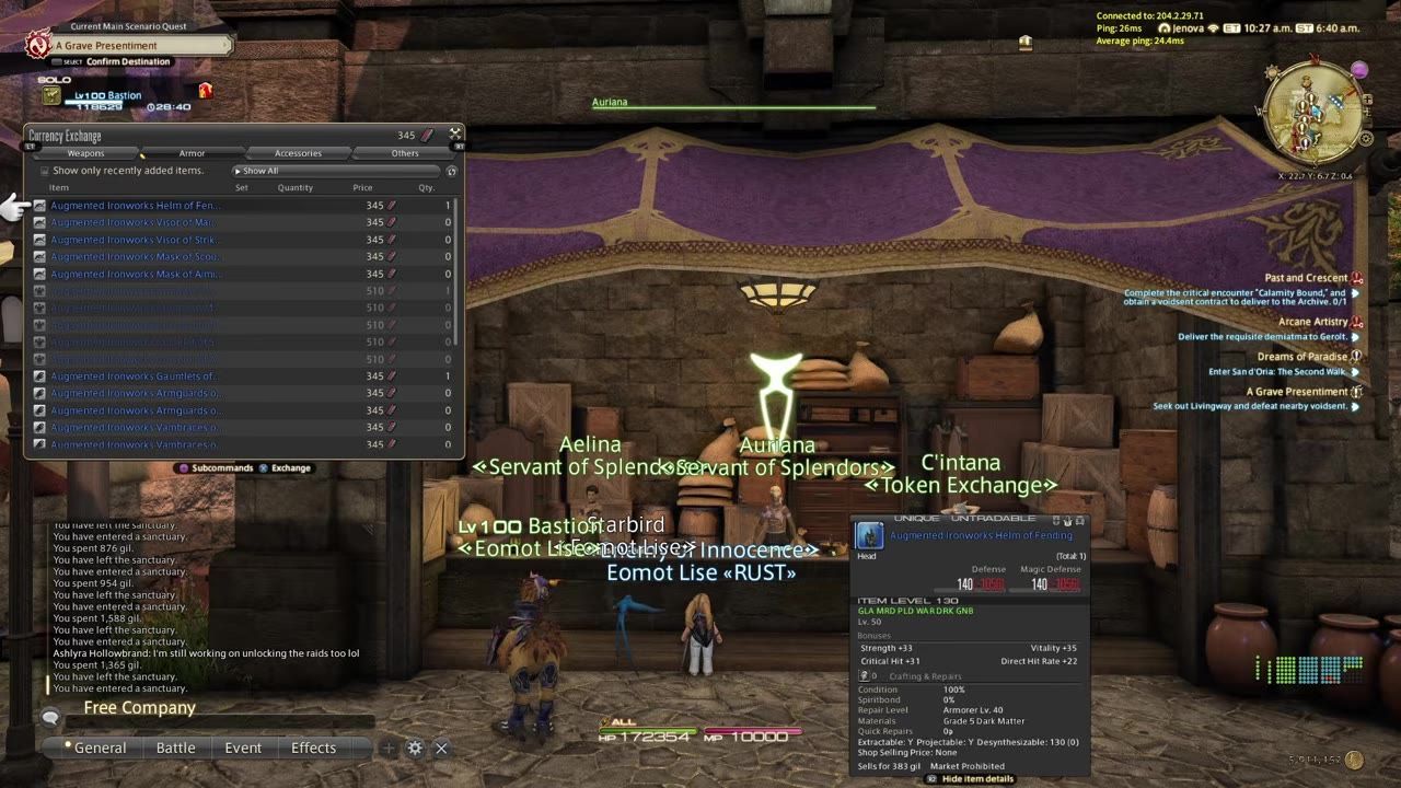 Game interface showing vendor Auriana selling equipment items in Revenant's Toll.