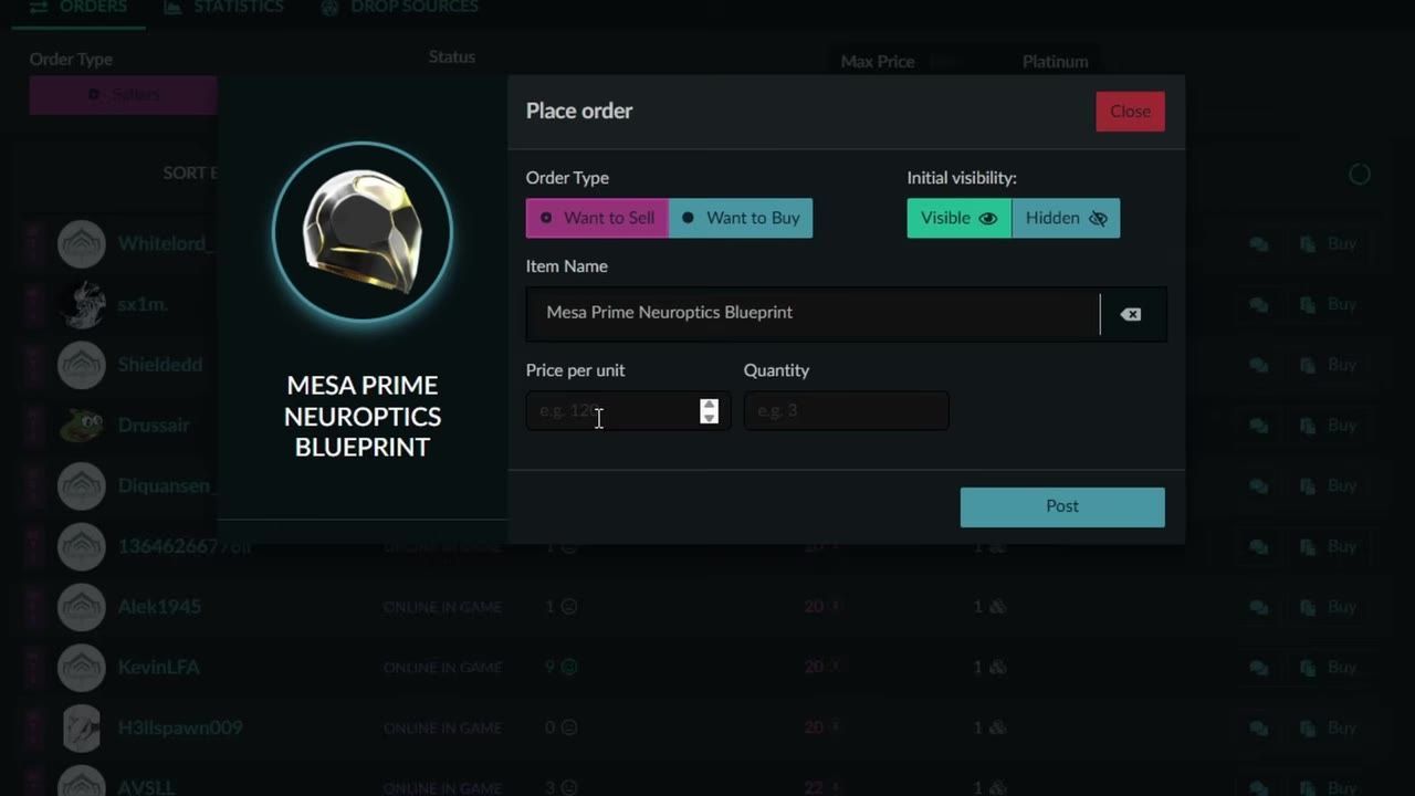 Warframe.market interface showing item sale configuration for Mesa Prime Neuroptics Blueprint.