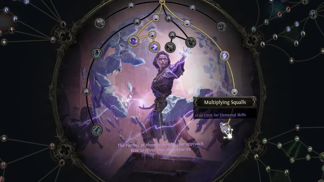 An in-game image showing the Path of Ascendancy user interface with nodes activated and selected.