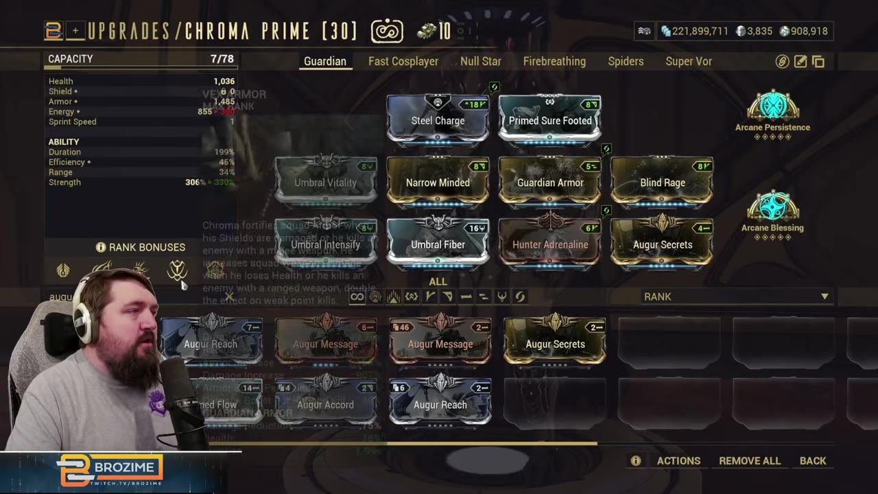 Screenshot showing the mod menu and equipped modifications for Chroma Prime in Warframe.