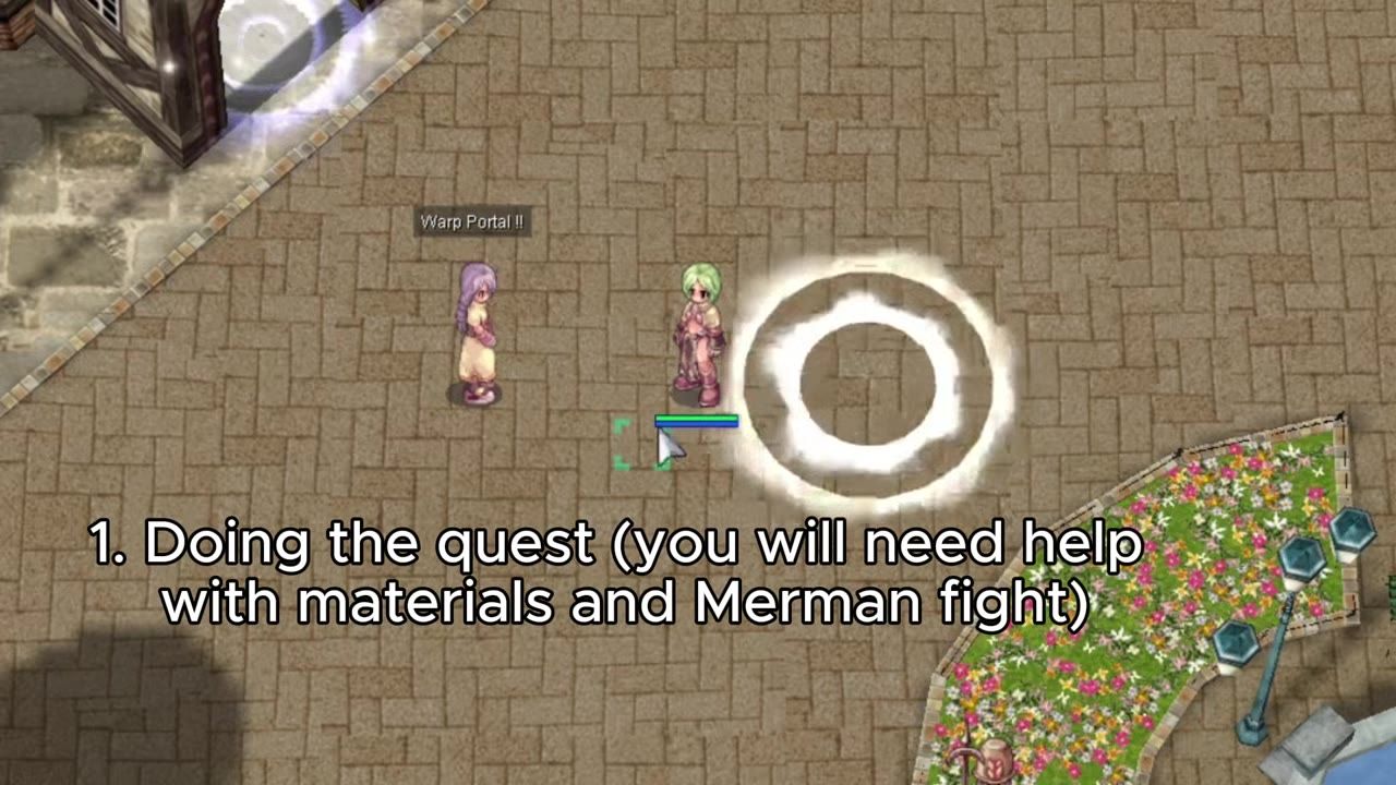 A character stands beside a glowing white warp portal ring while another character labeled Warp Portal !! is nearby in a town square.