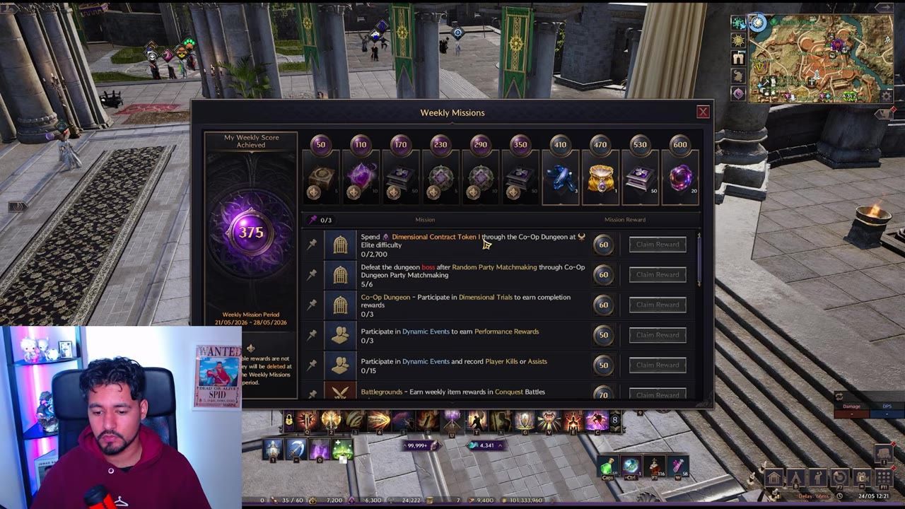 Game interface showing Weekly Missions panel with objectives listed and associated rewards.
