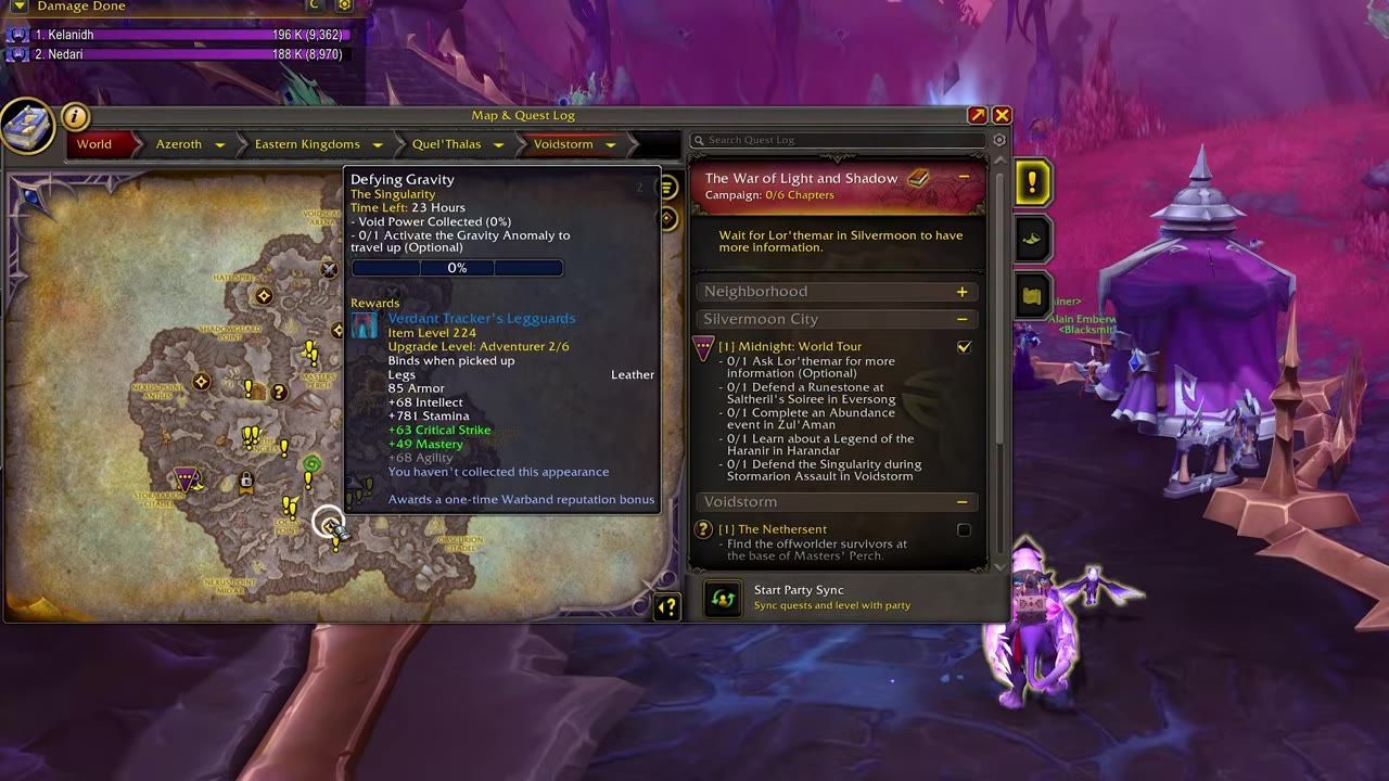 A game interface showing the map and quest log with selected world quest providing details, rewards, and objectives.