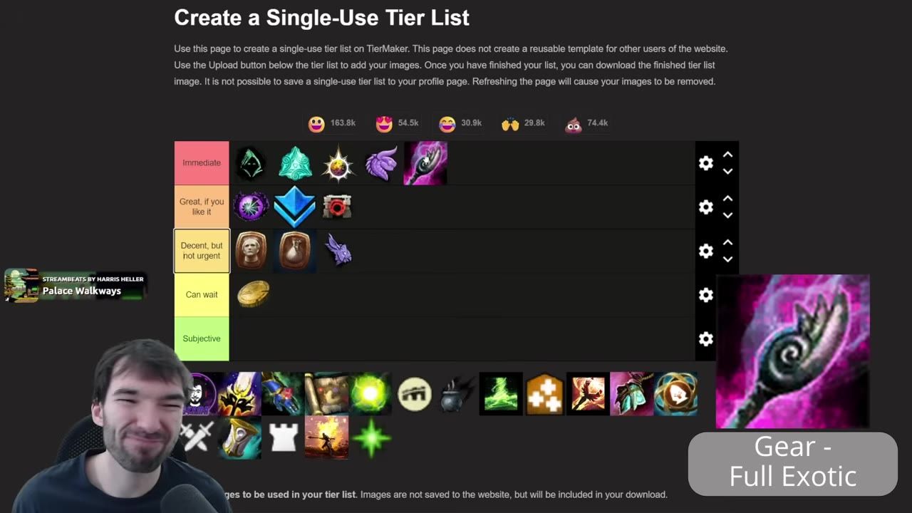 A TierMaker page shows a tier list with many item icons, including a highlighted label reading Gear - Full Exotic and a large exotic gear icon on the right.