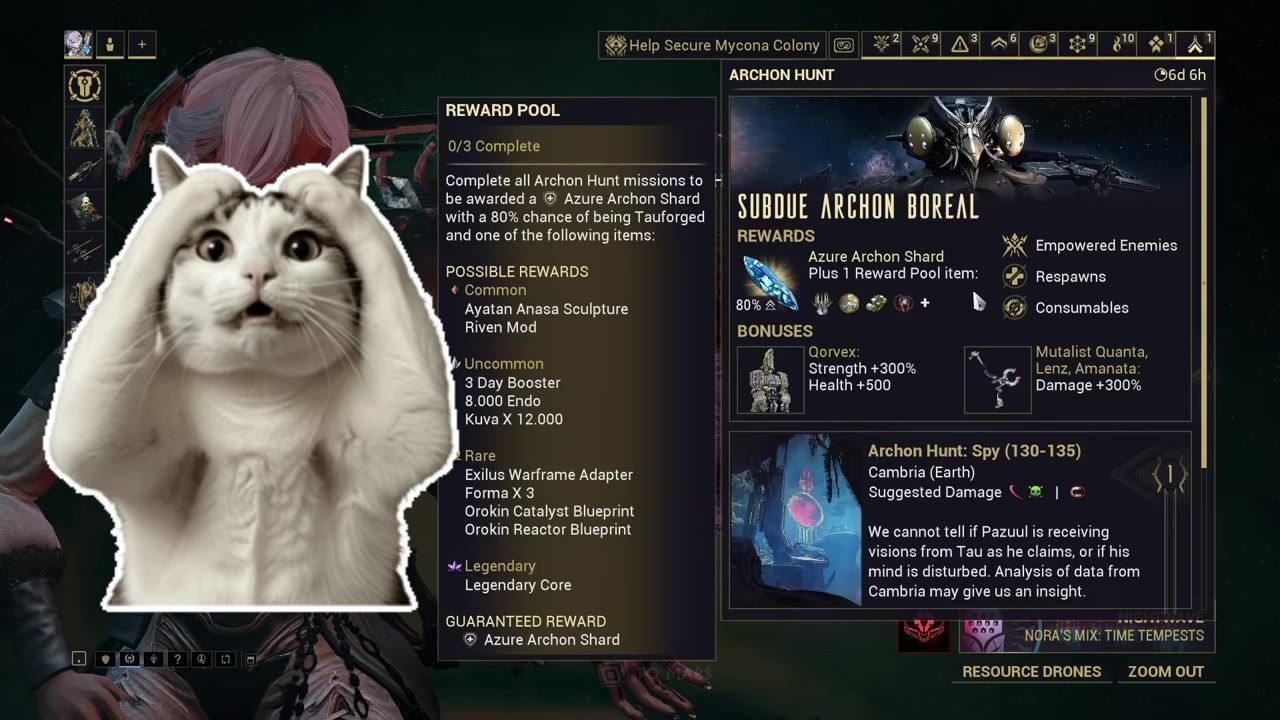 Gameplay screen showing Archon Hunt rewards panel with details about Azure Archon Shard rewards and mission bonuses.
