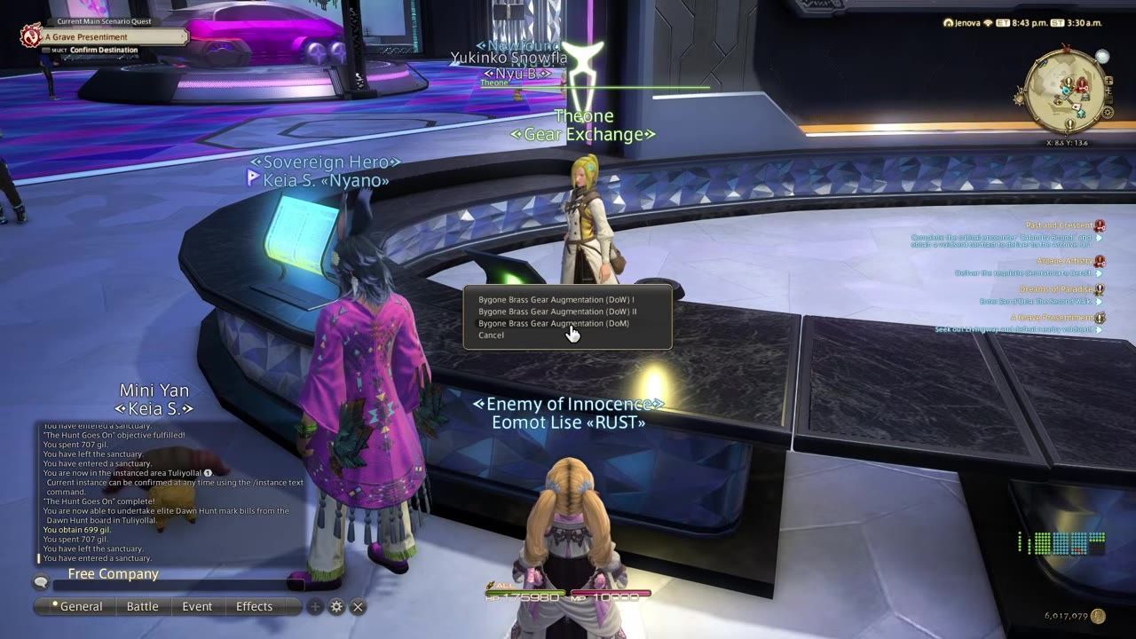 Game screen showing a character interacting with the Solution Nine NPC menu for gear augmentation options.